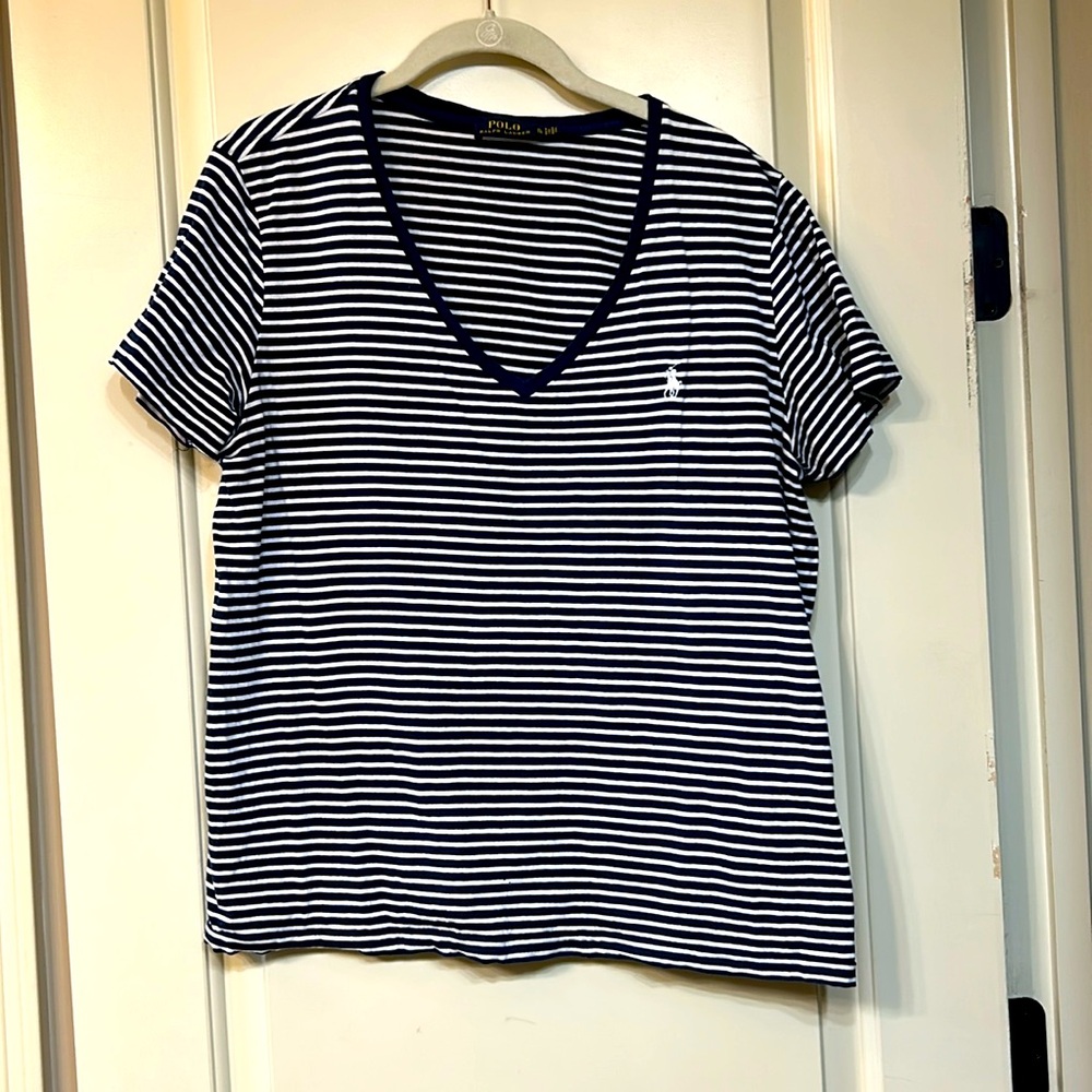 Ralph Lauren Polo blue and white striped V neck tee Size XL